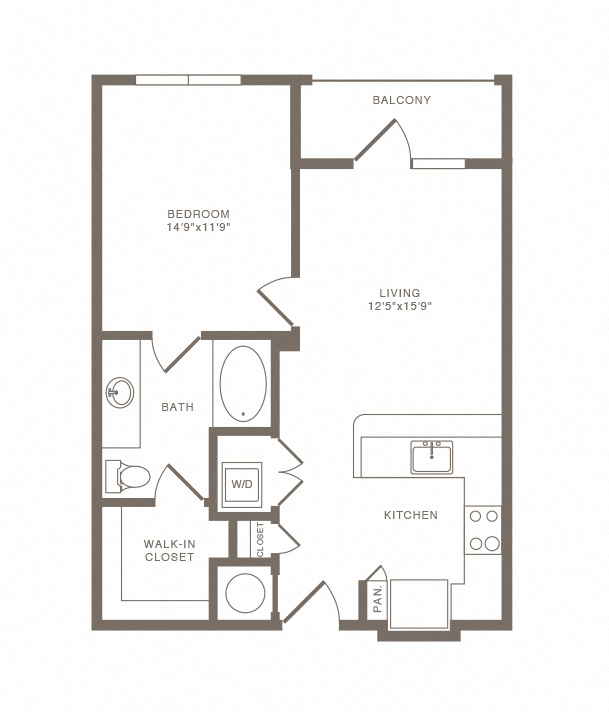 Floor plan for 1 bed, 1 bath, 715 sqft